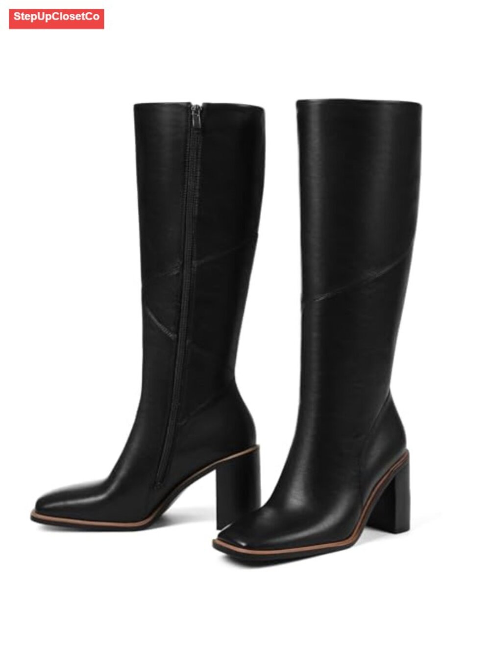 Knee High Boots for Women 3.1 Inch Chunky Heel Square Toe Leather Zip Up Tall